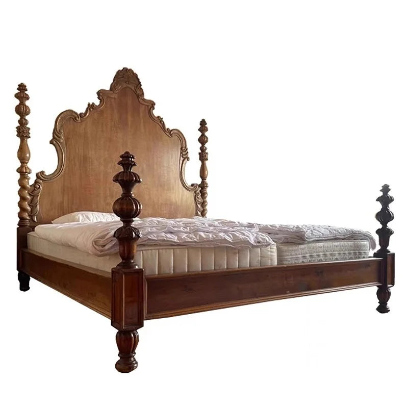 French Country Carved Solid Wood Bed – Renaissance Pillar Design | Q-020530