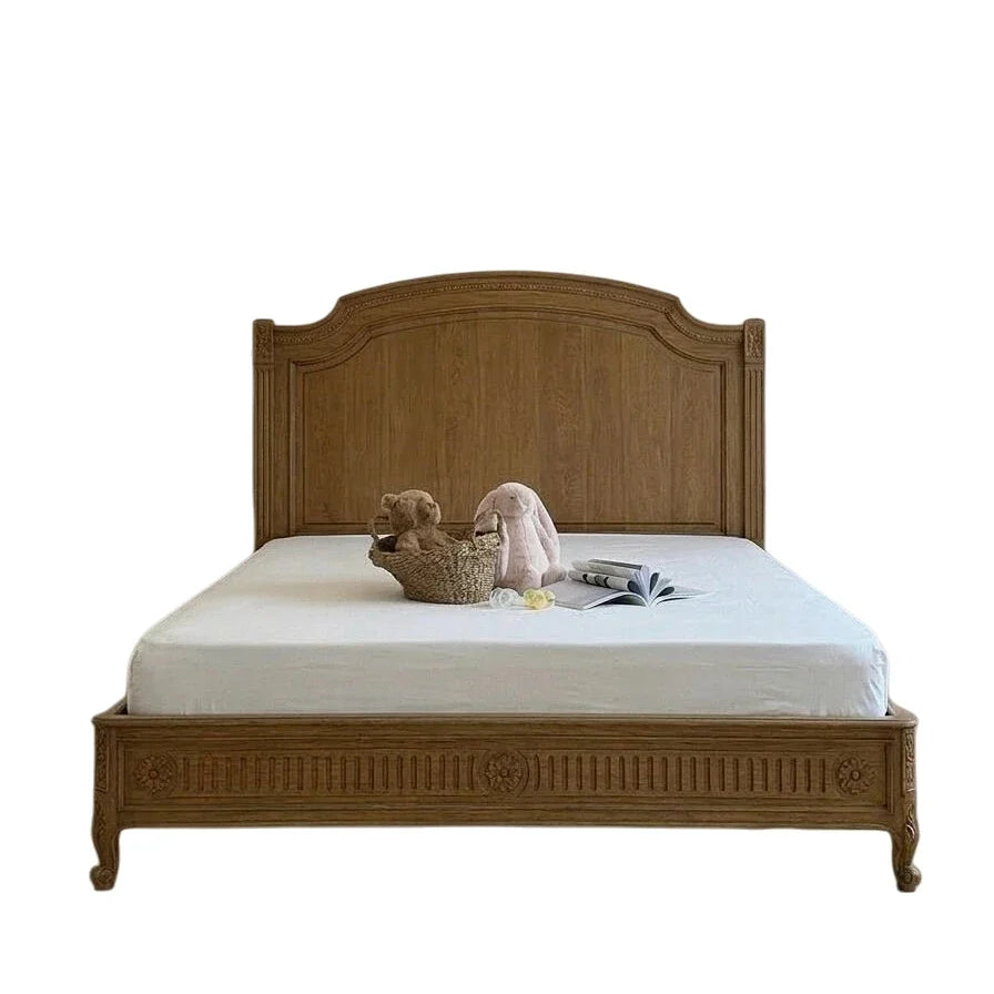French Retro Carved Bed – Antique Birch Solid Wood Statement Piece | 26-31