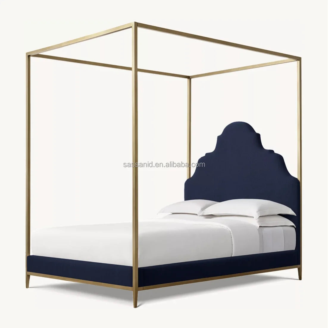 Modern Upholstered Canopy Bed – Dusty Petal Finish with Aged Brass Accents