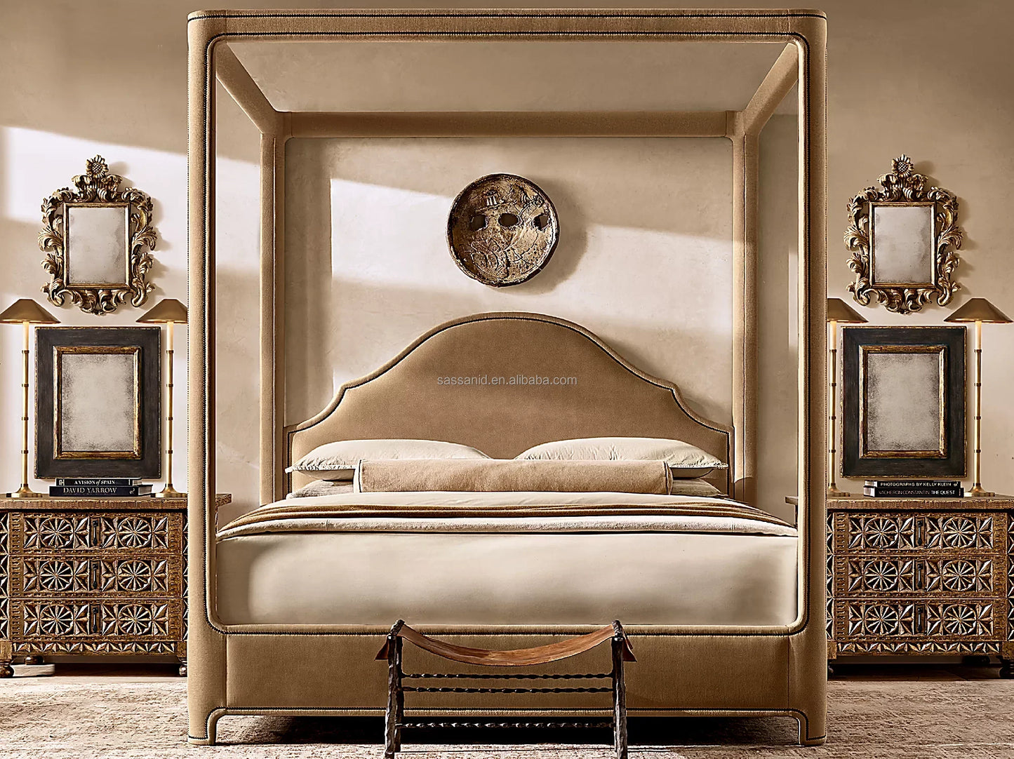 Alexandria Portman Upholstered Canopy Bed – Fabric Frame with Nailhead Detail – Contemporary Bedroom Statement Piece