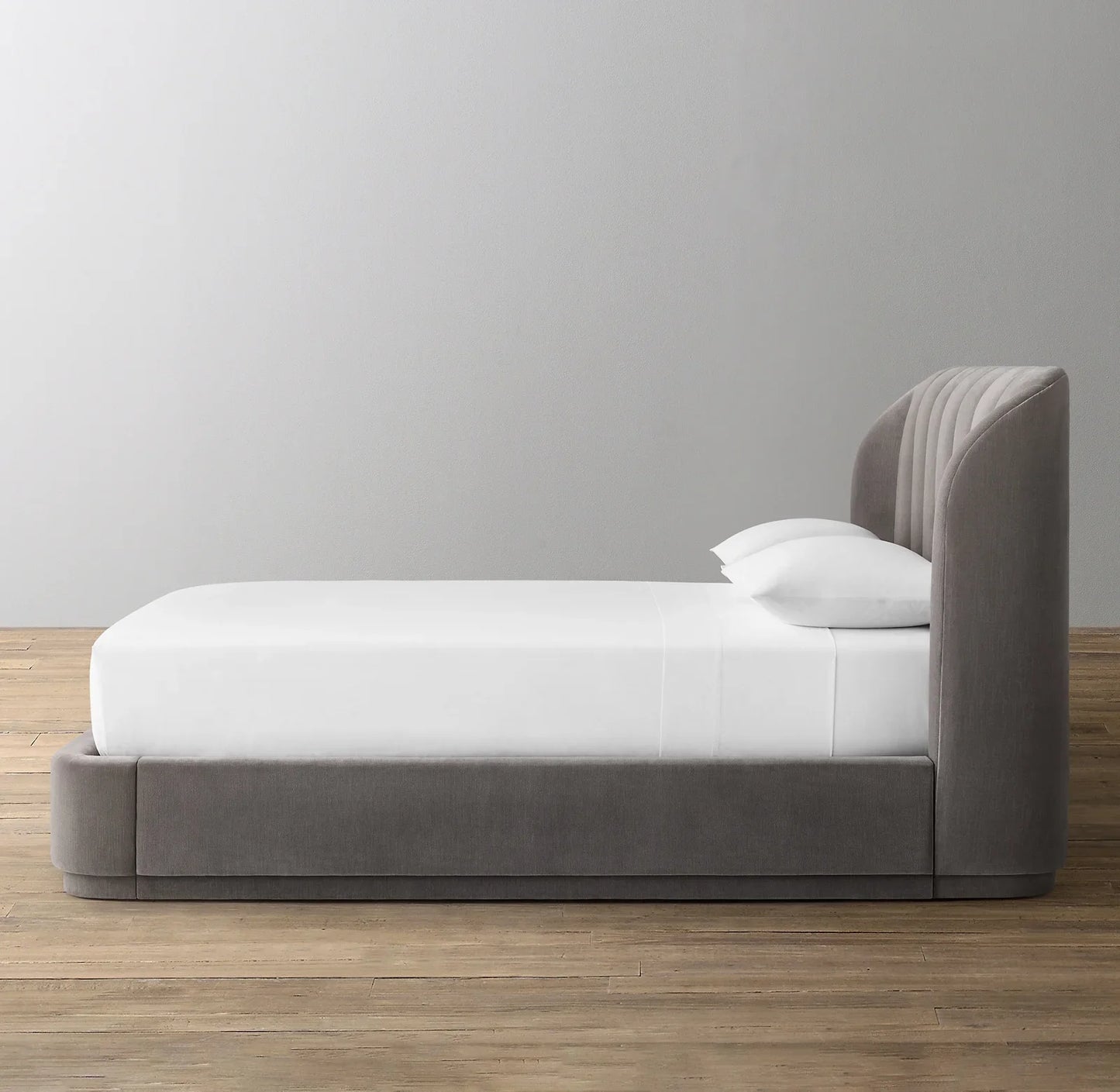Platform Bed – Slipcovered Velvet Headboard – Art Moderne Statement Piece