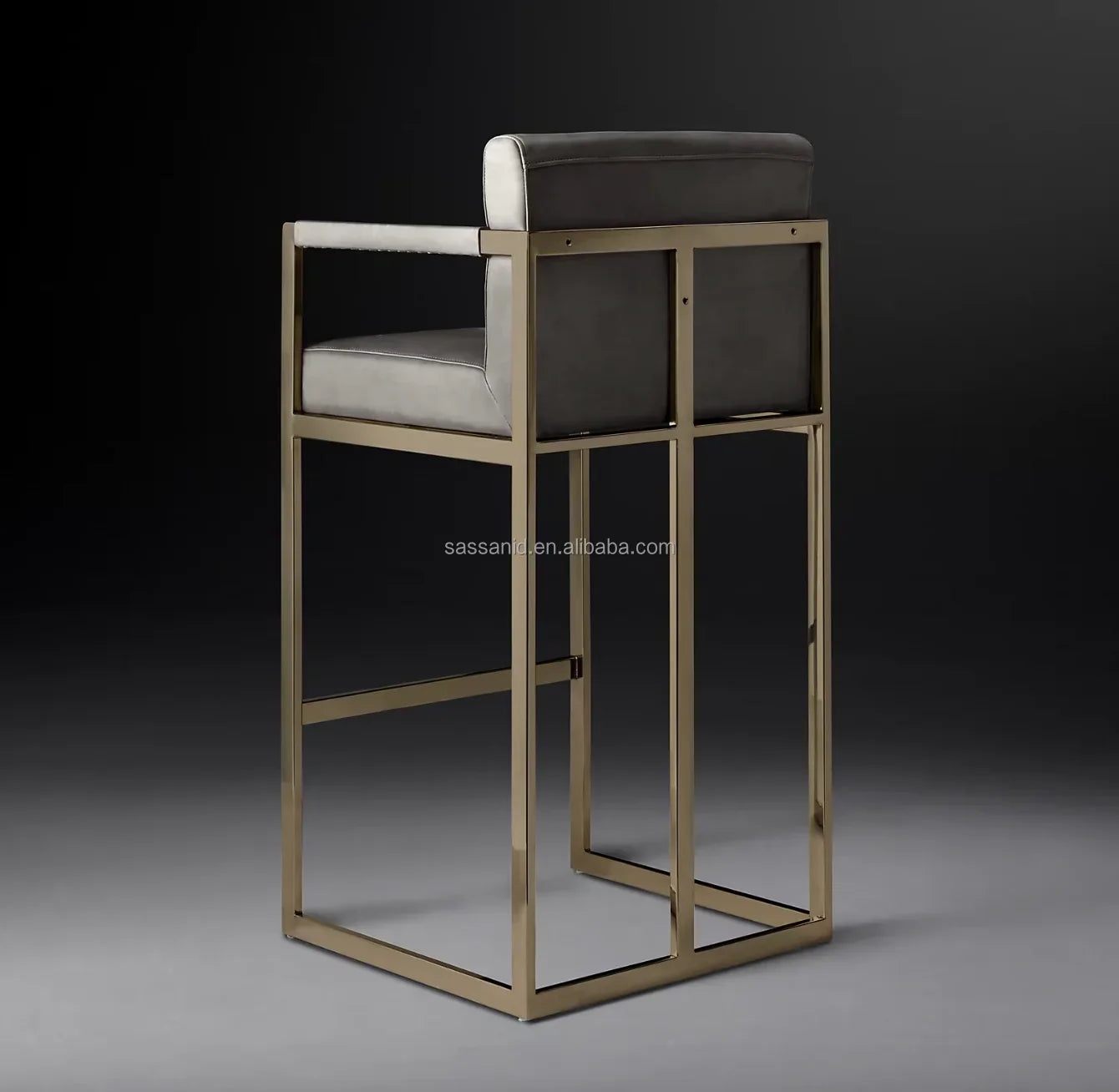 Modernist Bar Stool – Square Leather Seat with Brass Finish – Mid-Century Statement Piece