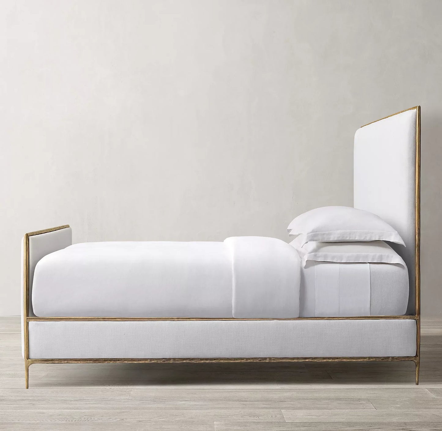 Upholstered Bed with Hand-Forged Metal Base – Rustic Fabric European Statement Piece
