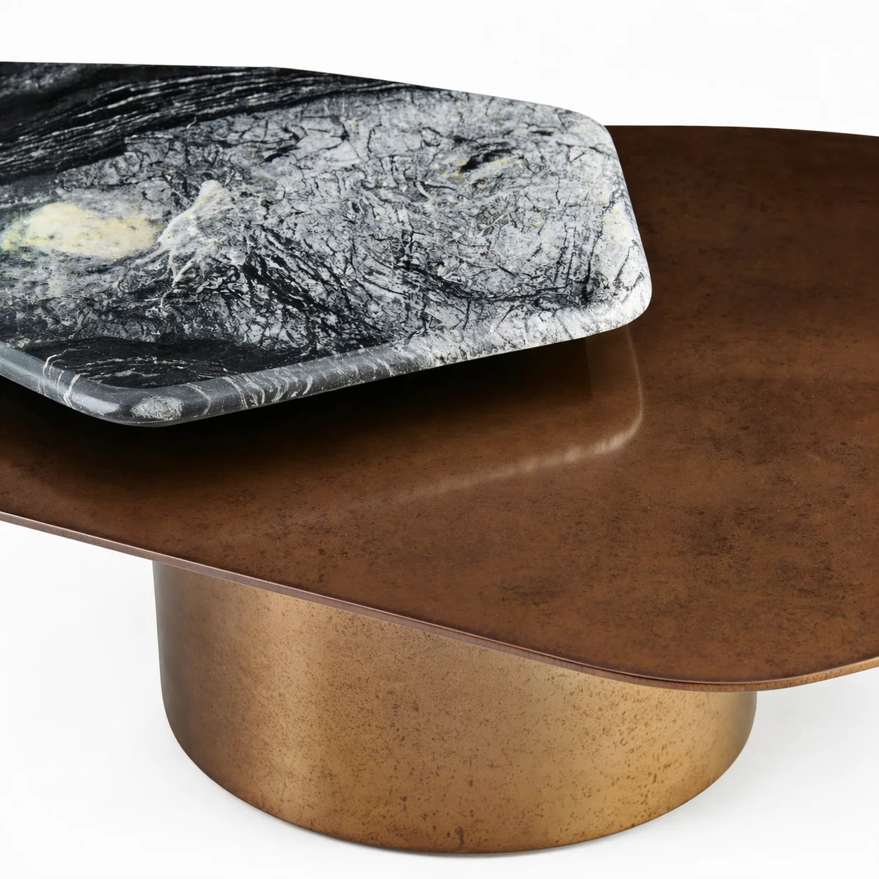 Luxury Stone Wood Top Brass-Toned Steel Coffee Table Modern Minimalist Elegant Space-Saving Italian Style for Villa
