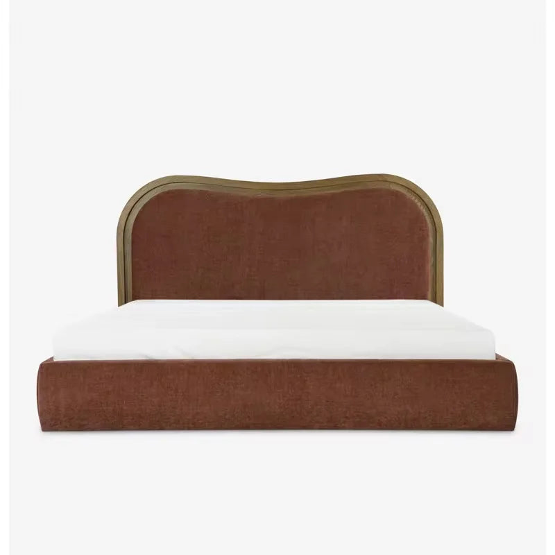 Platform Bed – Velvet Padded Headboard in Solid Birch – Modern French Style