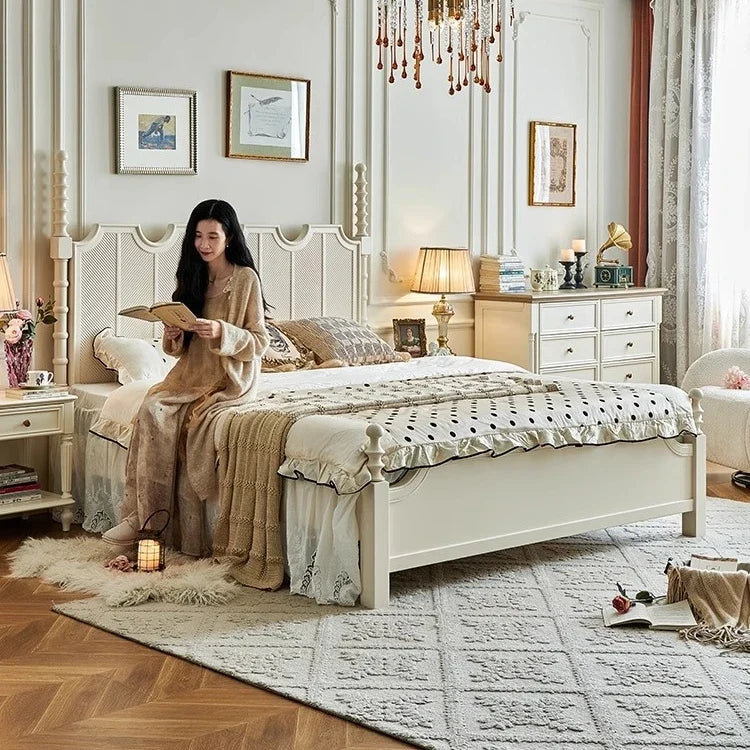 French Cream White Bed – Retro Design – Solid Birch Wood – Master Bedroom Statement Piece