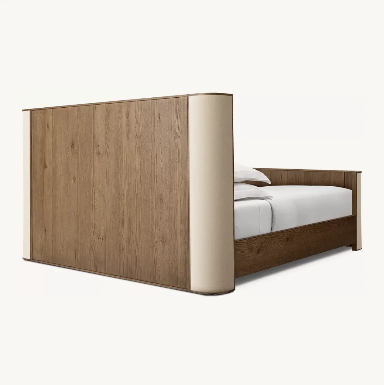 Shelter Bed with Postmodern Fabric Upholstery – Brown Oak Sculptural Platform