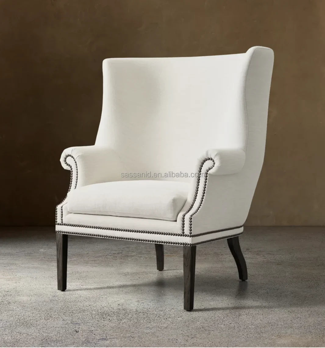 Ellsworth Tufted Wing Chair – Solid Oak Frame with Nailhead Detail – Mid-Century Inspired Statement Piece