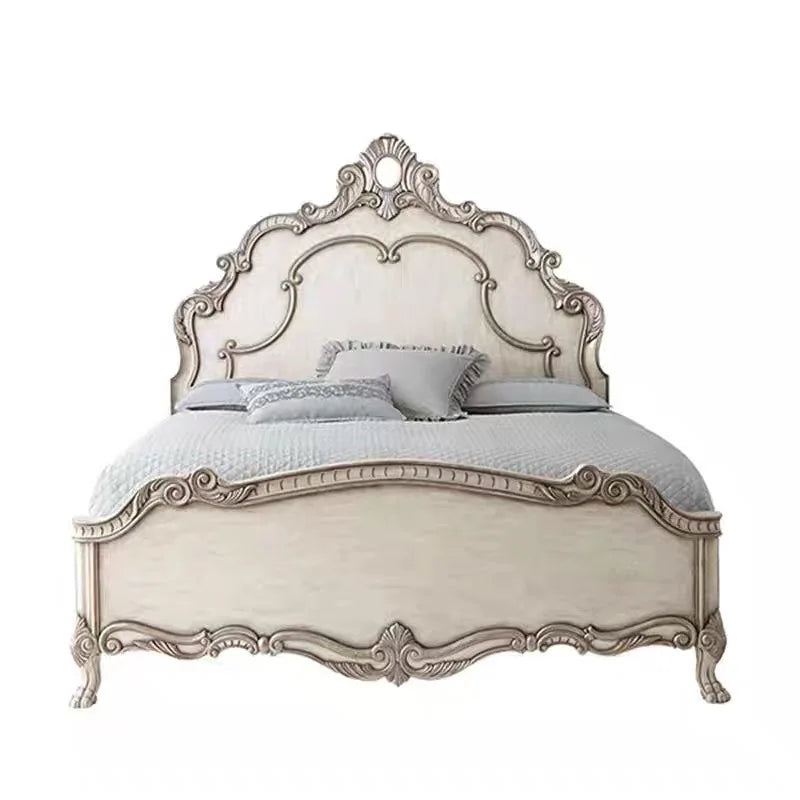 French-Style Carved Bed – Solid Wood Vintage Artisan Statement Piece