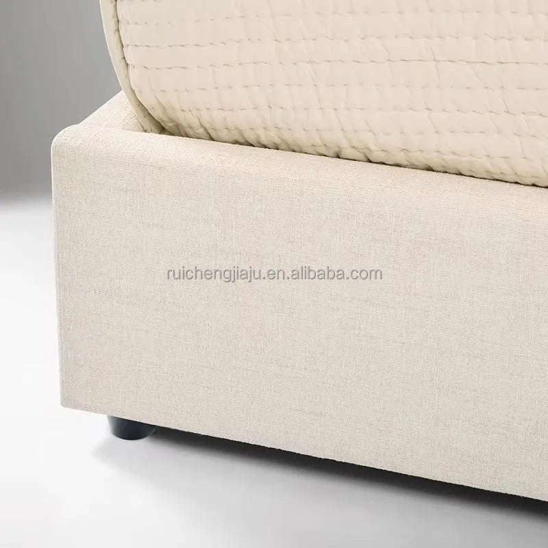 Italian Designer King-Size Bed – Modern Minimalist Upholstered Frame in Cream Fabric