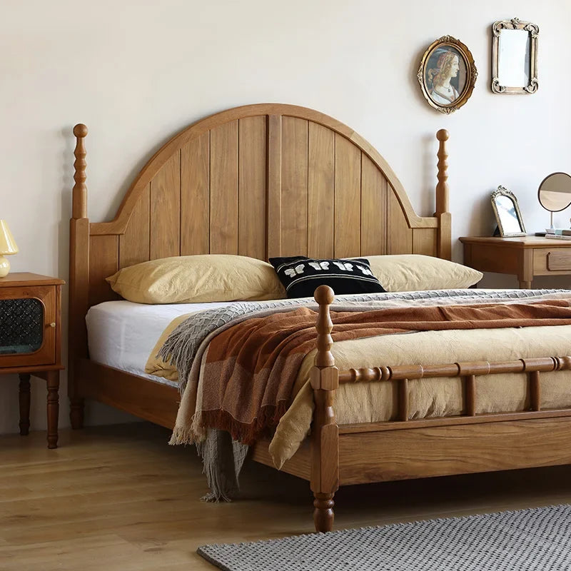 French Retro Solid Wood Bed – Hand-Carved Birch Master Bedroom Statement Piece | 847