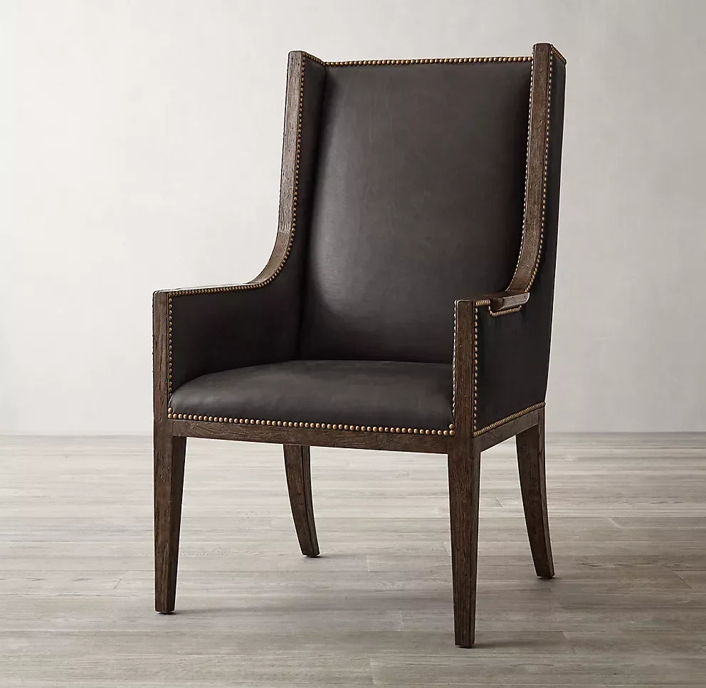 High Back Wing Dining Chair – Mid-century Modernist Solid Oak & Leather | 1600417100225
