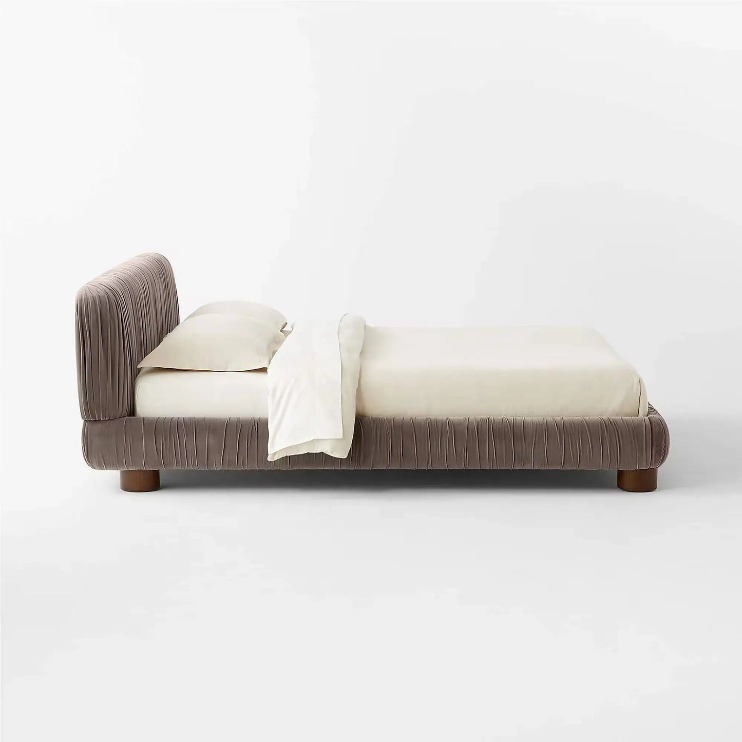 Upholstered Bed – Pleated Cream Velvet Minimalist French Vintage Style