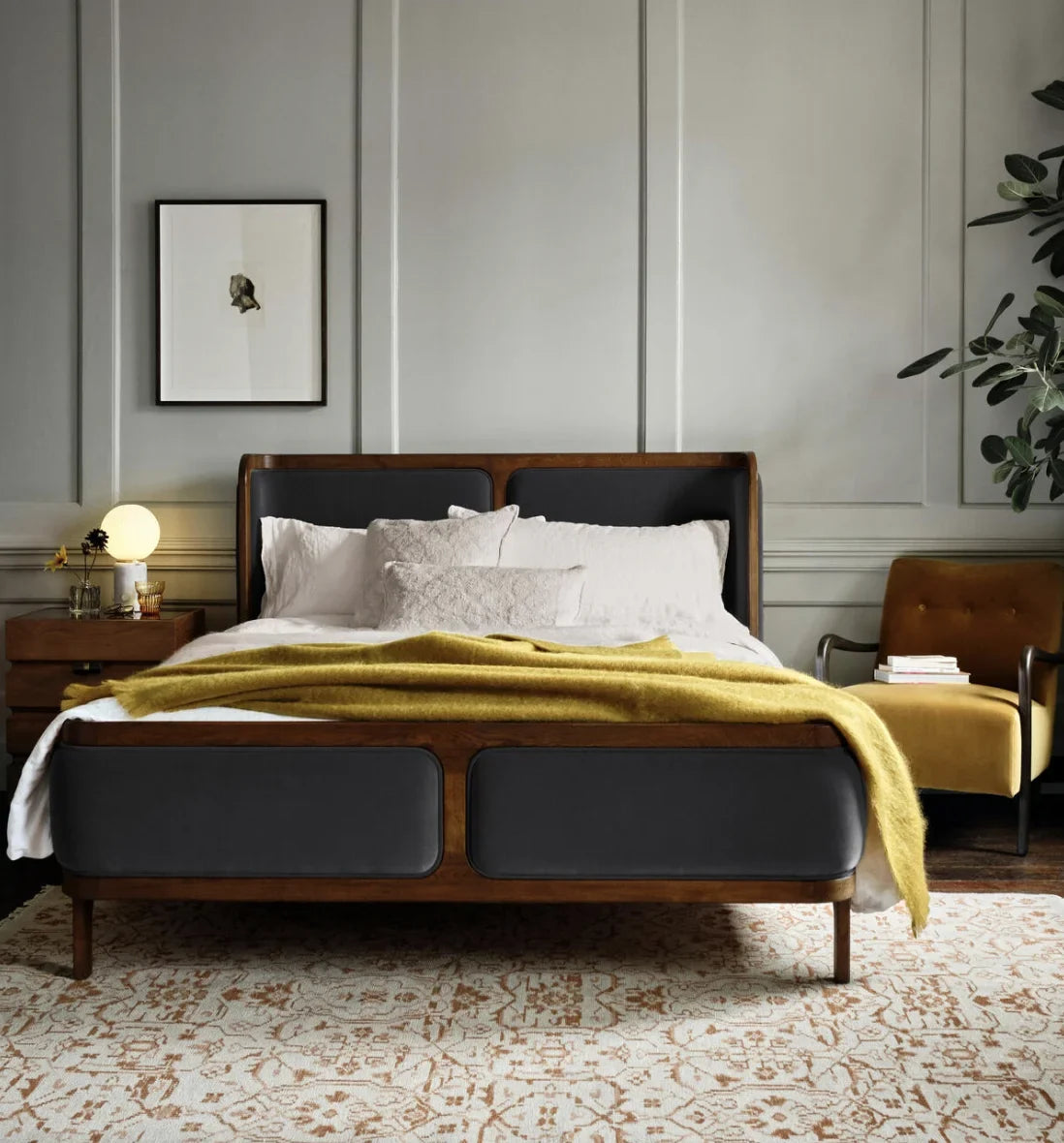 Belsa King Bed – Mid-Century Modern Velvet Upholstered Oak