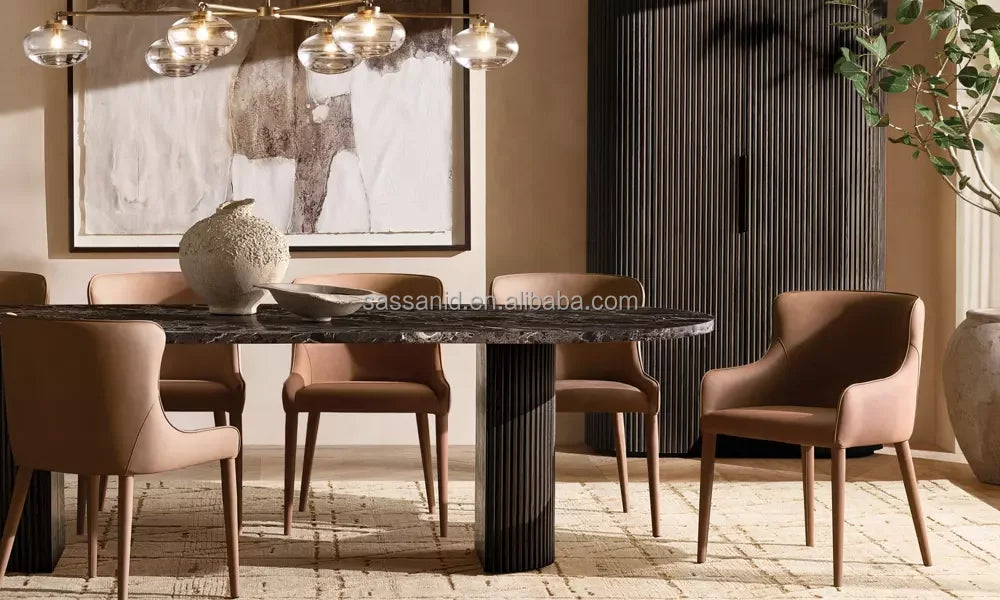 Byron Dining Table – Emperador Marble Inlay – Solid Oak Statement Piece