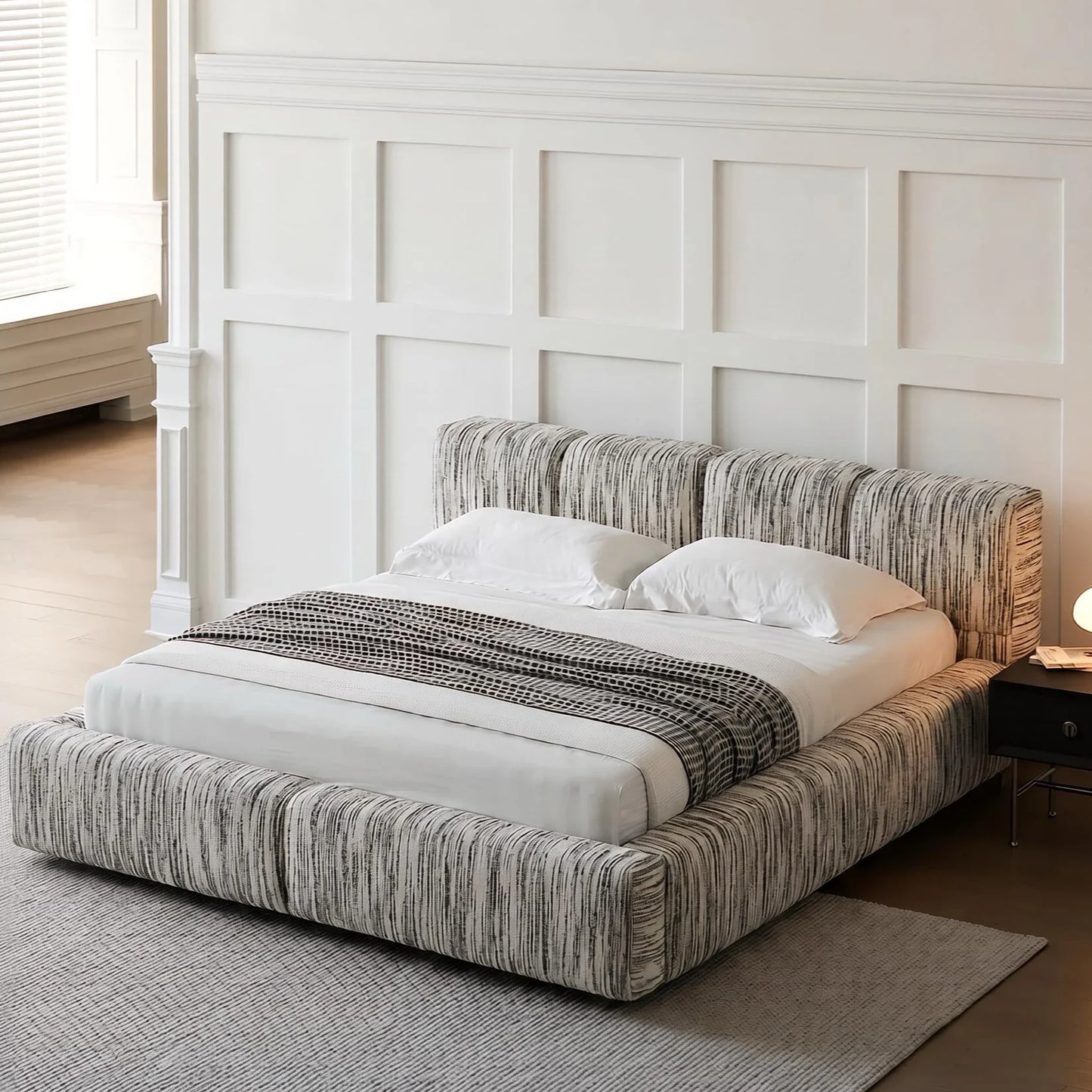 Striped Fabric Bed – Wood Frame European Contemporary Statement Piece