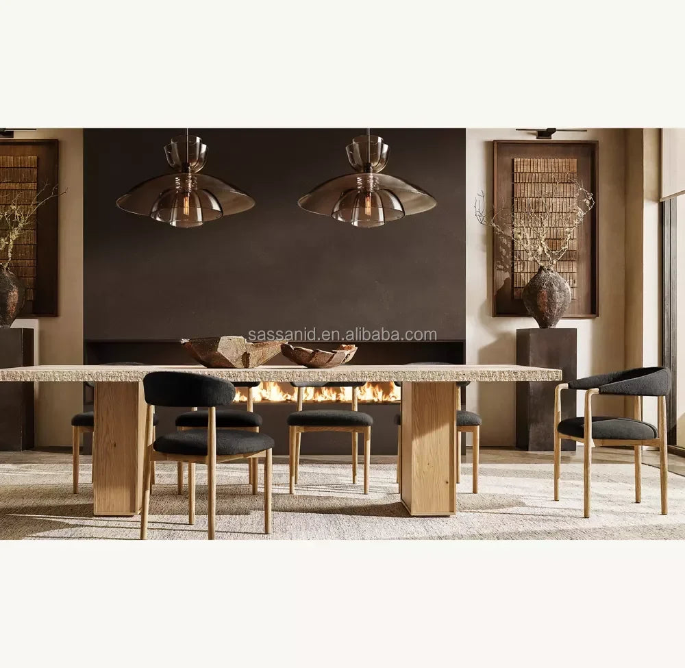 Travertine Top Dining Table – Stone & Wood – Minimalist | 1601660757910
