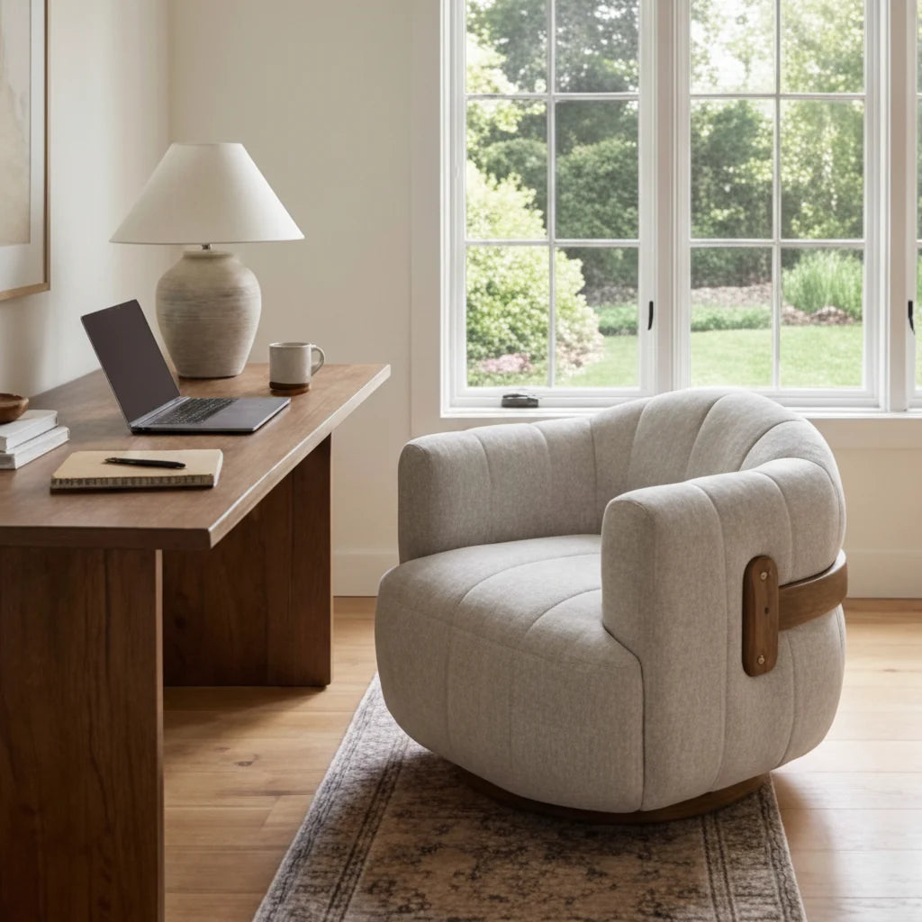 Luxury Cream Fabric Swivel Accent Chair Modern Italian Style for Villa