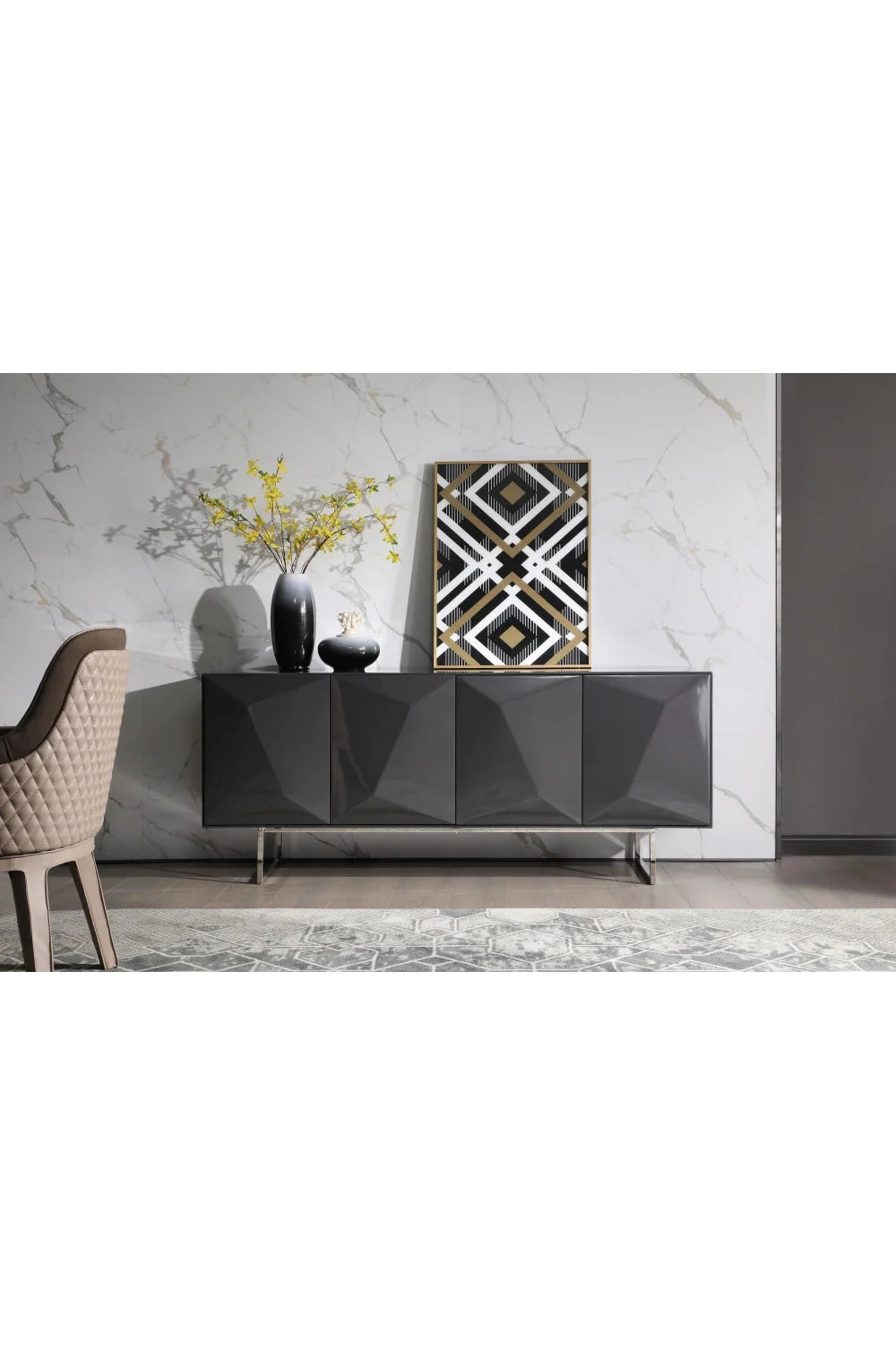 Luxury Faceted Grey 4-Door Sideboard European Style for Villa