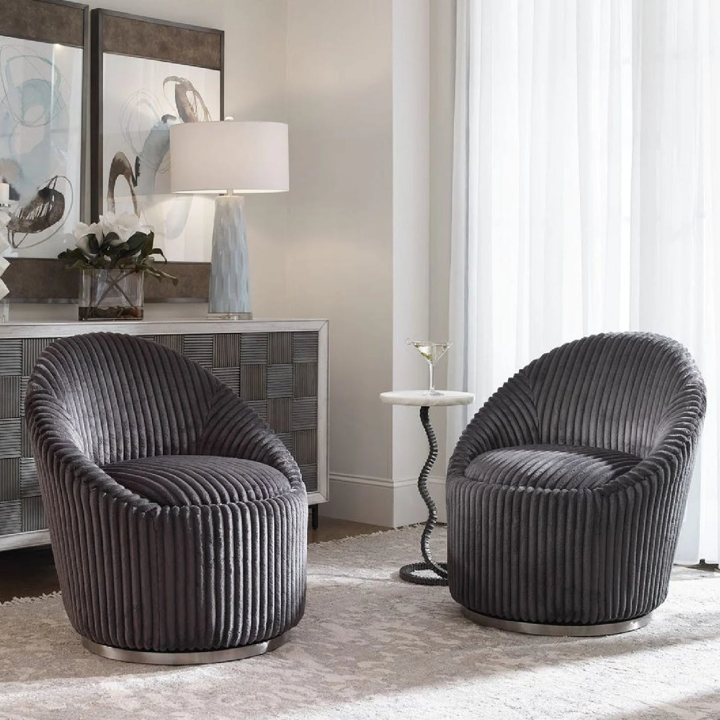 Luxury Fluted Chenille Swivel Lounge Chair Modern Italian Style for Villa