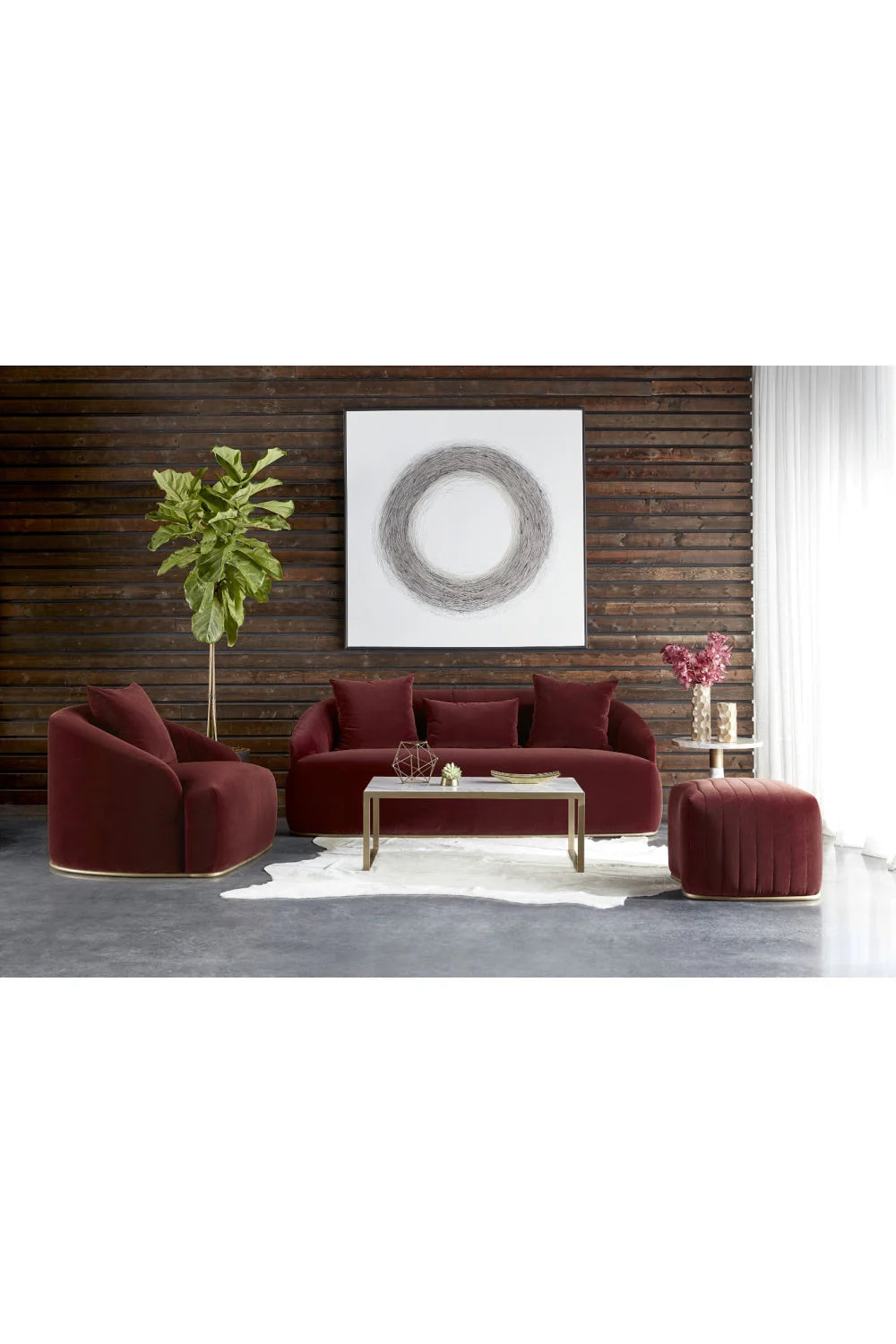 Luxury Merlot Velvet Channel-Tufted Lounge Chair Modern Italian Style for Villa