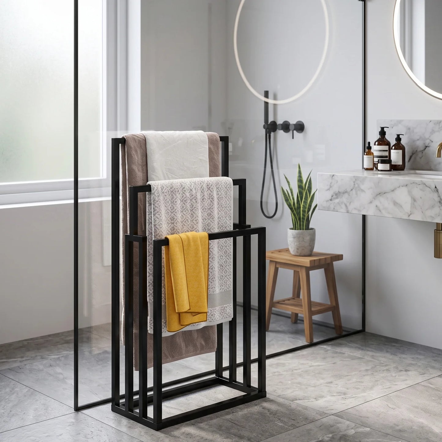 Luxury Modern Black Metal Towel Rack European Style for Villa