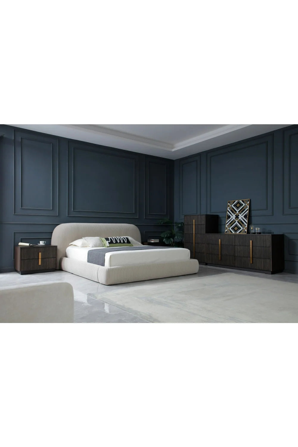 Luxury Modern White Fluted Fabric Bed European Style for Villa
