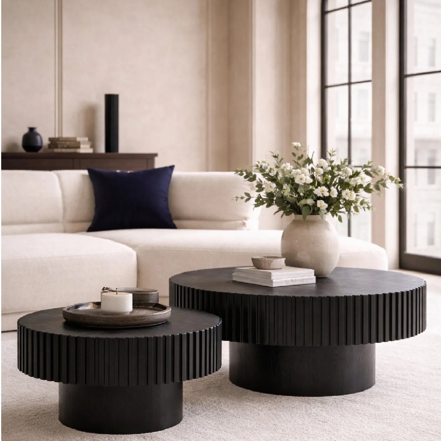Luxury Pierre Ribbed Black Ash Round Coffee Table Modern Italian Style for Villa
