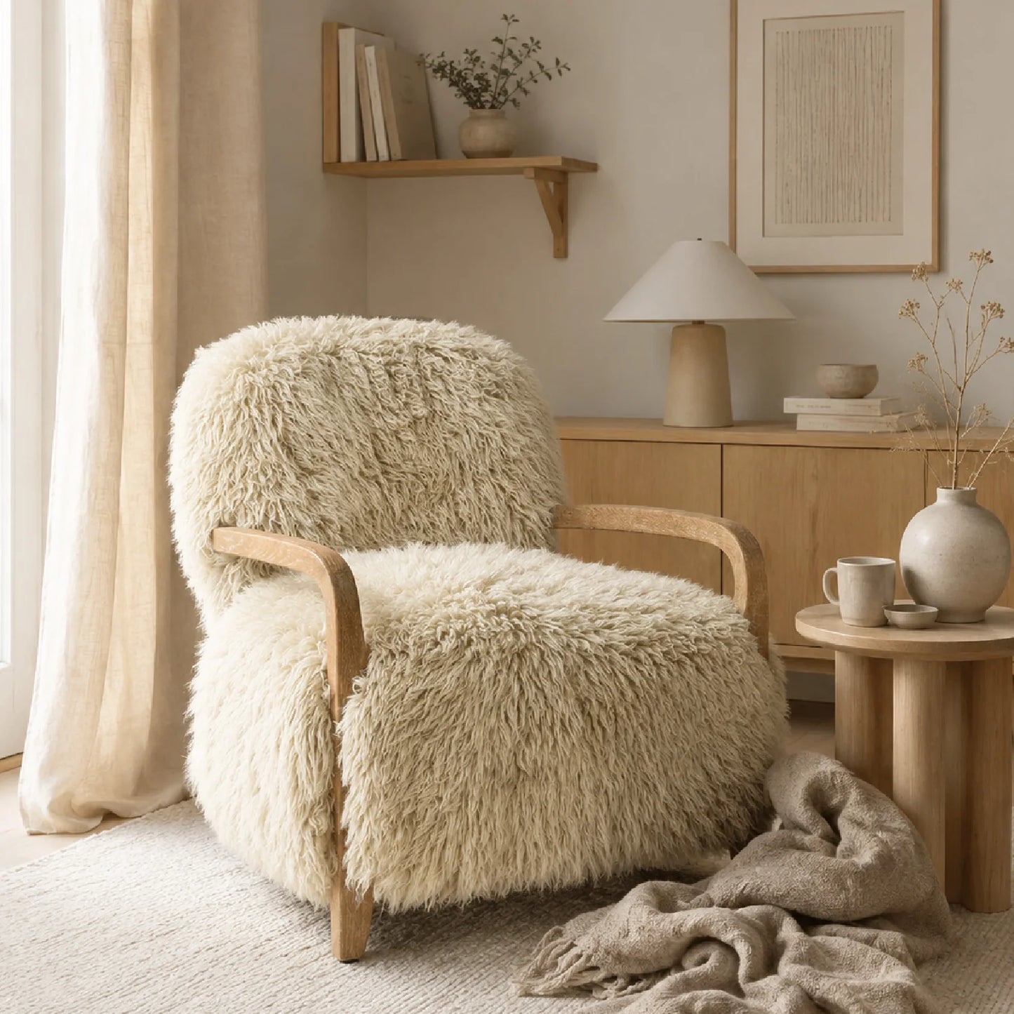Luxury Sheepskin Oak Accent Chair European Style for Villa