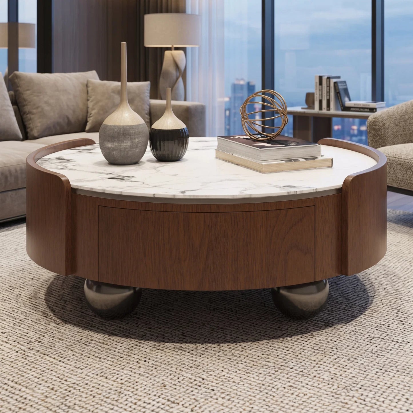 Luxury Walnut Stone Top Coffee Table Modern Italian Style for Villa