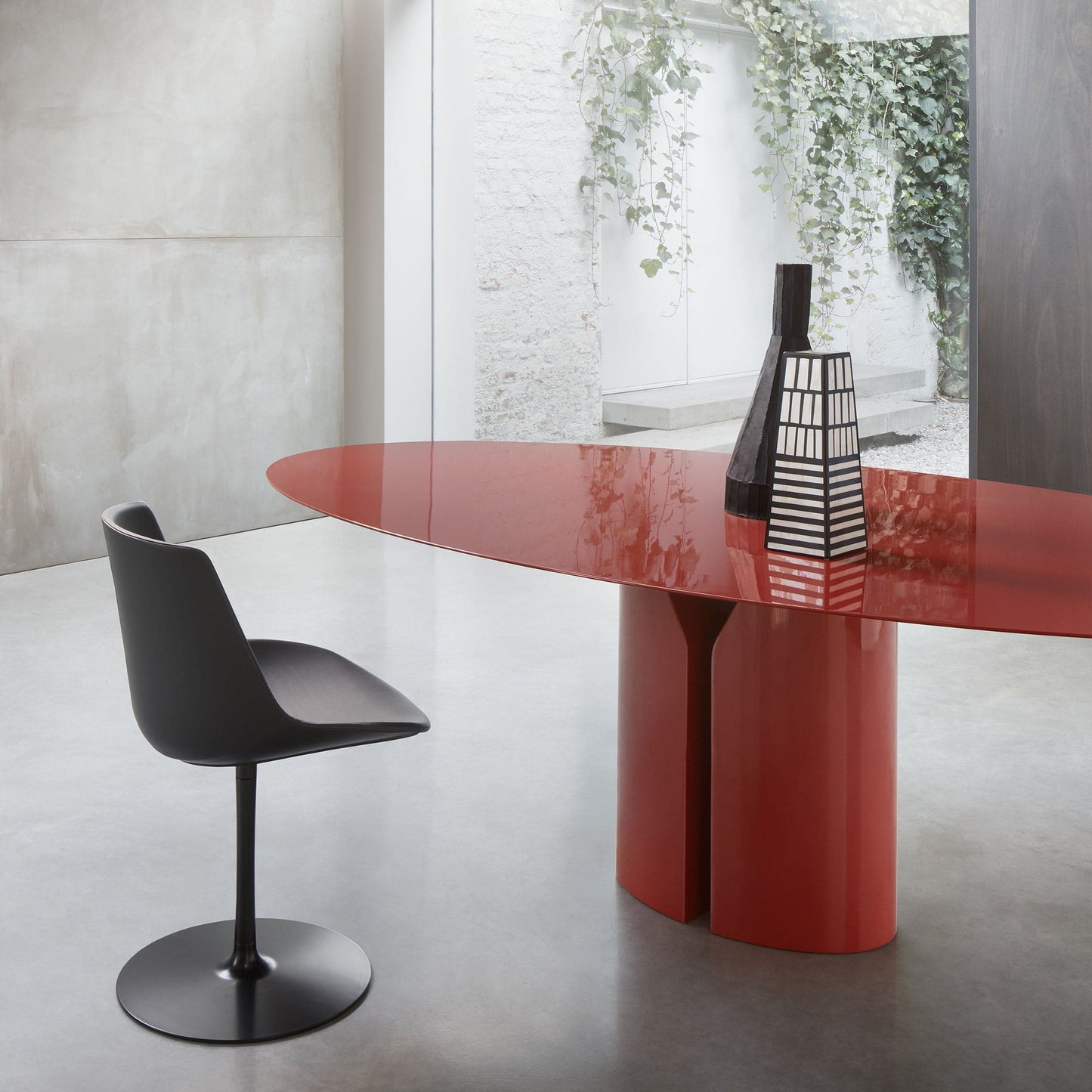 Oval Dining Table 79in – Sculptural Geometric Base in Red Polyurethane Statement Piece