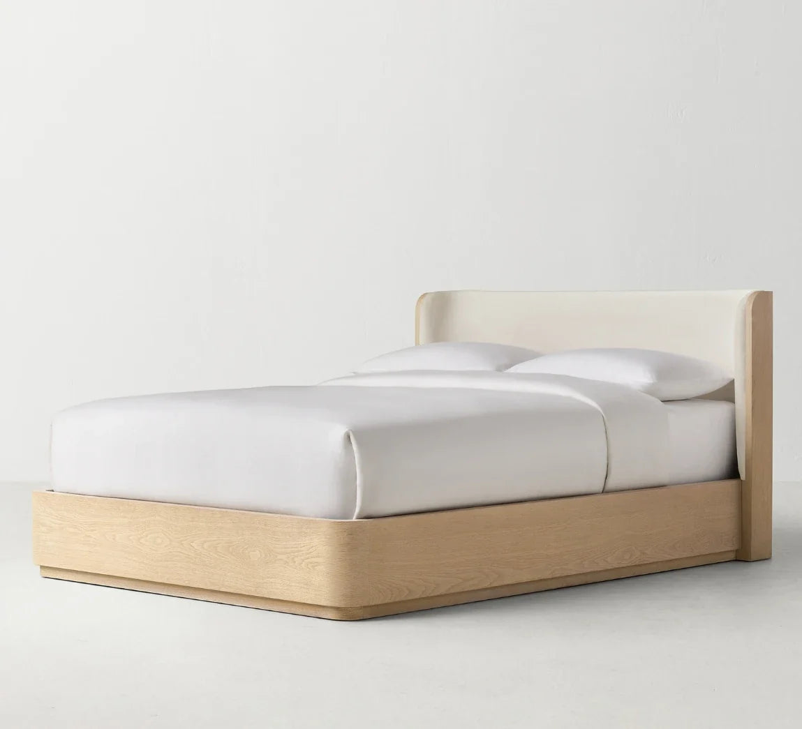 Olin Upholstered Platform Bed – Modern Wing Design with Oak Plinth