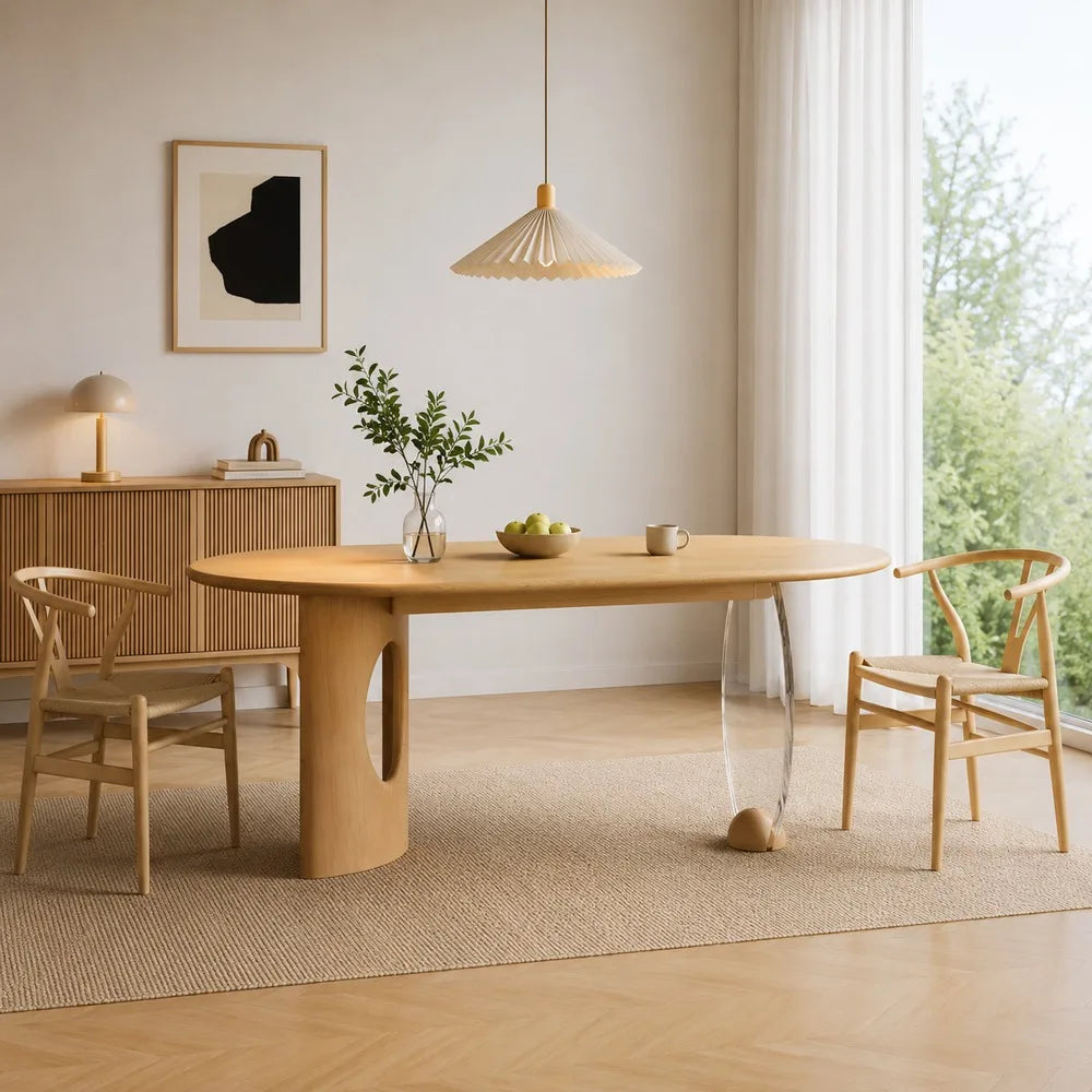 Modern Oval Oak Wood Console Table with Transparent Acrylic Leg