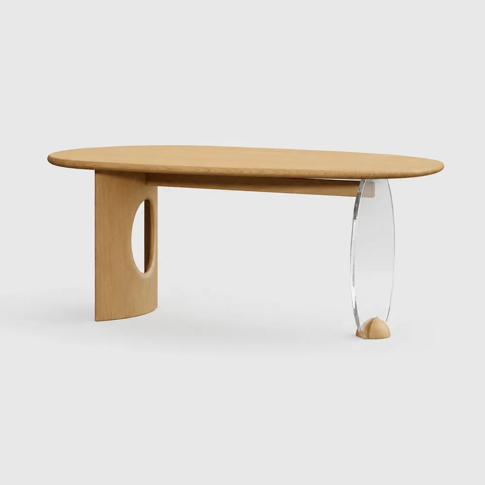 Modern Oval Oak Wood Console Table with Transparent Acrylic Leg