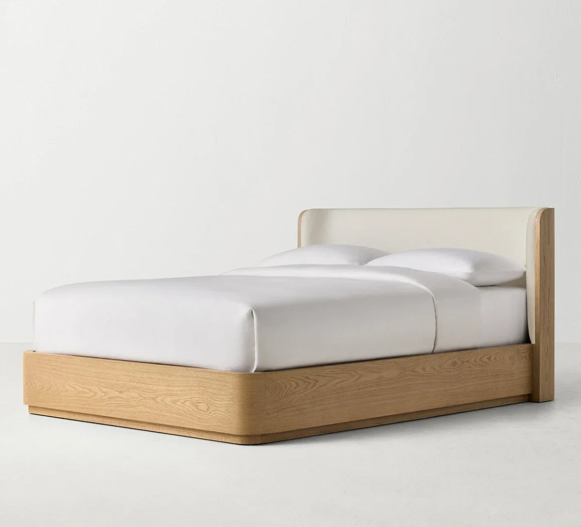 Olin Upholstered Platform Bed – Modern Wing Design with Oak Plinth