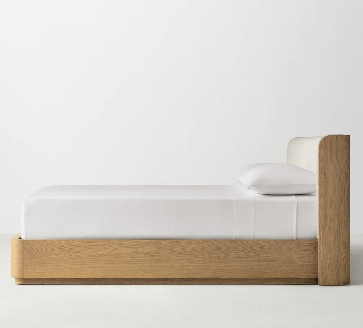 Olin Upholstered Platform Bed – Modern Wing Design with Oak Plinth