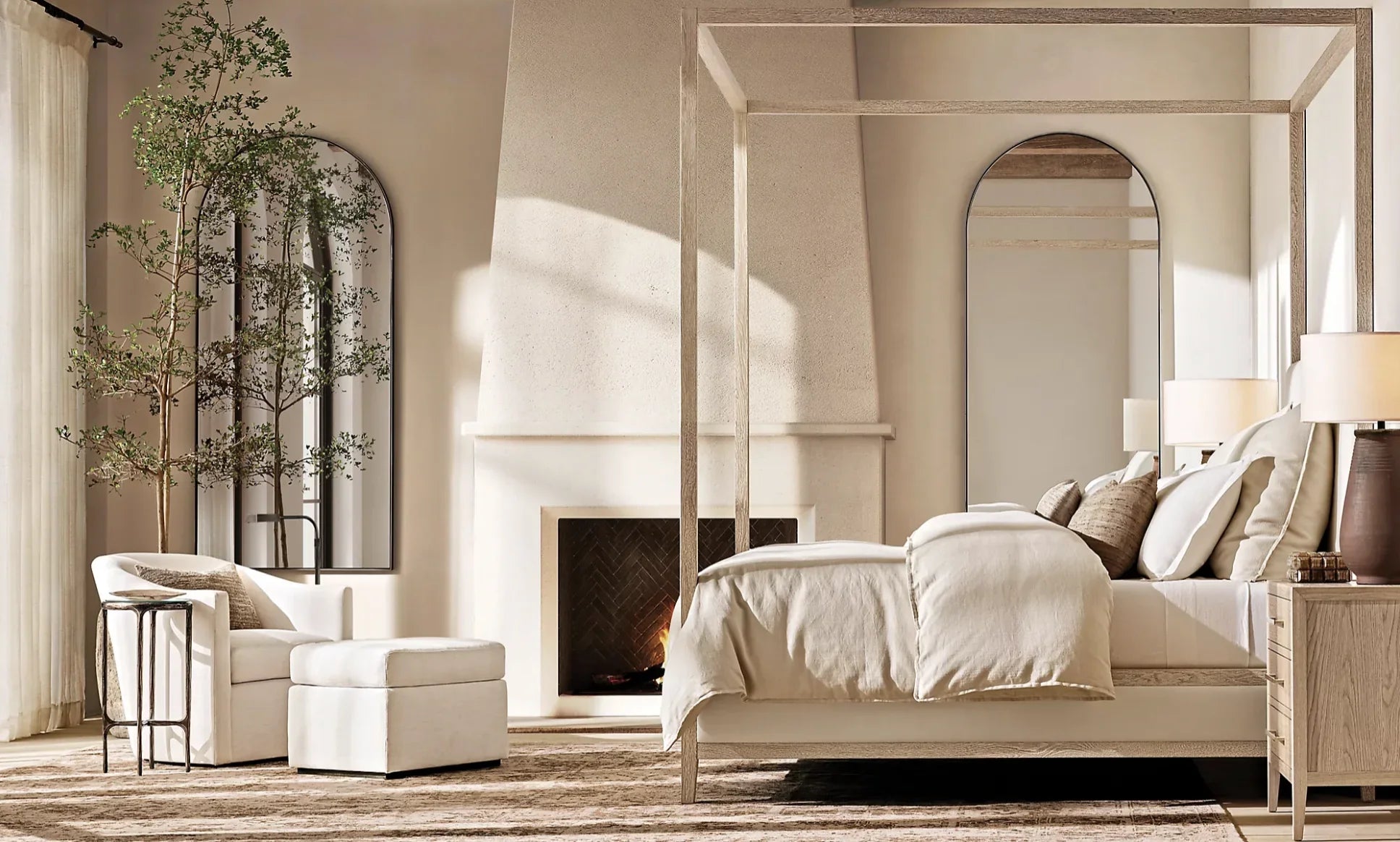 Canopy Bed – Fabric Tufted Panel – Oak Frame – French Contemporary | 1600850997524
