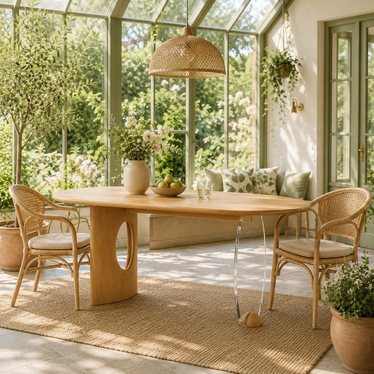 Modern Oval Oak Wood Console Table with Transparent Acrylic Leg