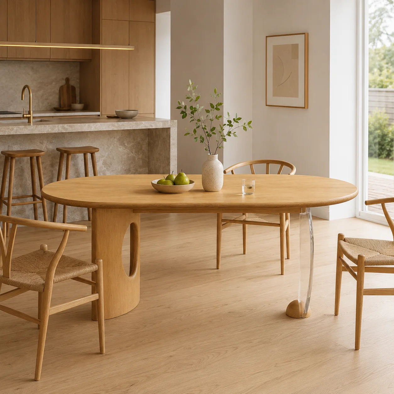 Modern Oval Oak Wood Console Table with Transparent Acrylic Leg