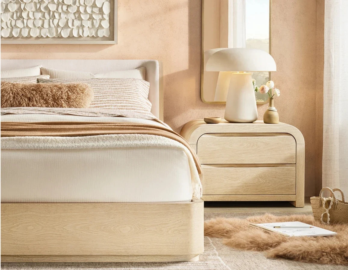 Olin Upholstered Platform Bed – Modern Wing Design with Oak Plinth