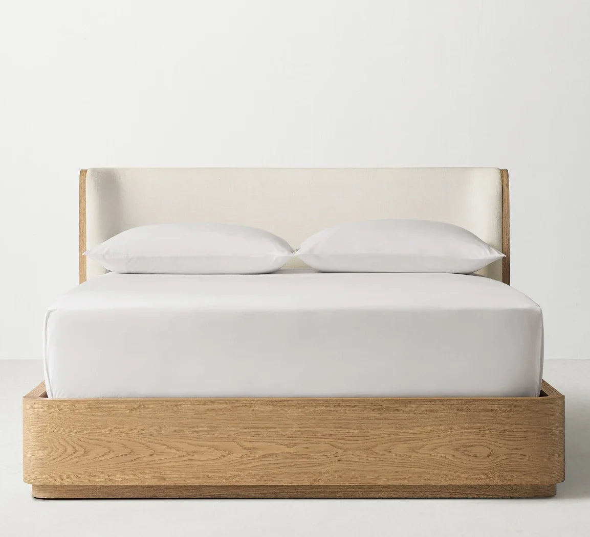 Olin Upholstered Platform Bed – Modern Wing Design with Oak Plinth