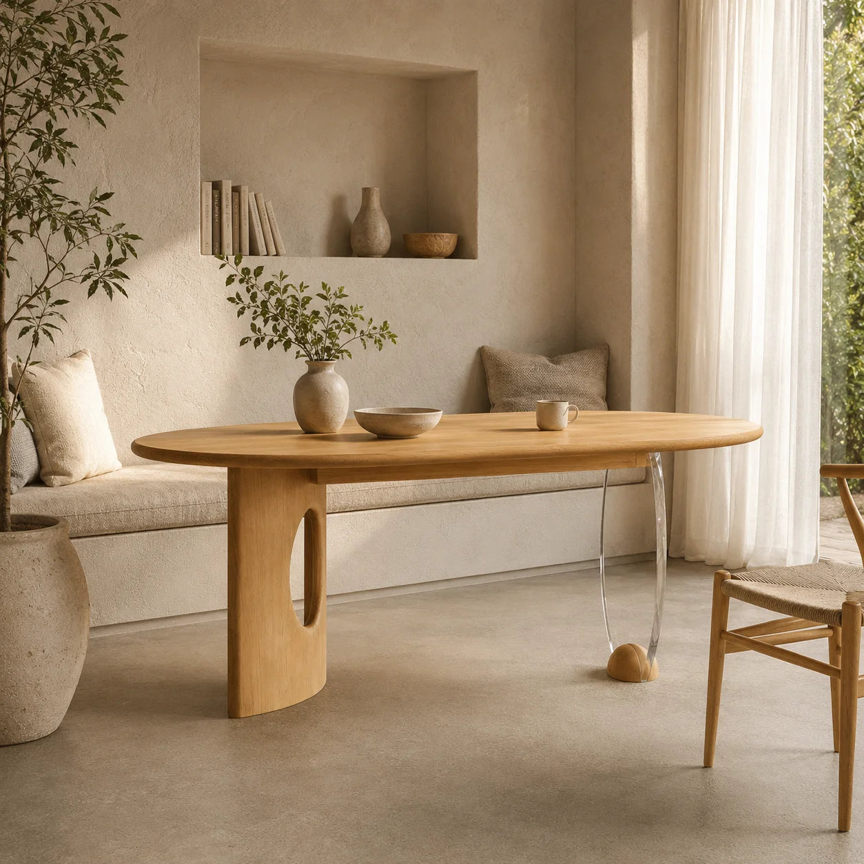Modern Oval Oak Wood Console Table with Transparent Acrylic Leg