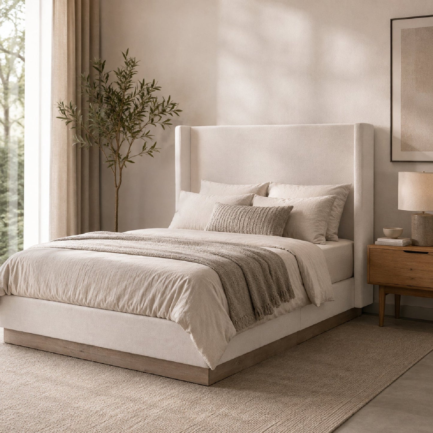 Luxury Upholstered Modern Ivory Wingback Bed European Style for Villa