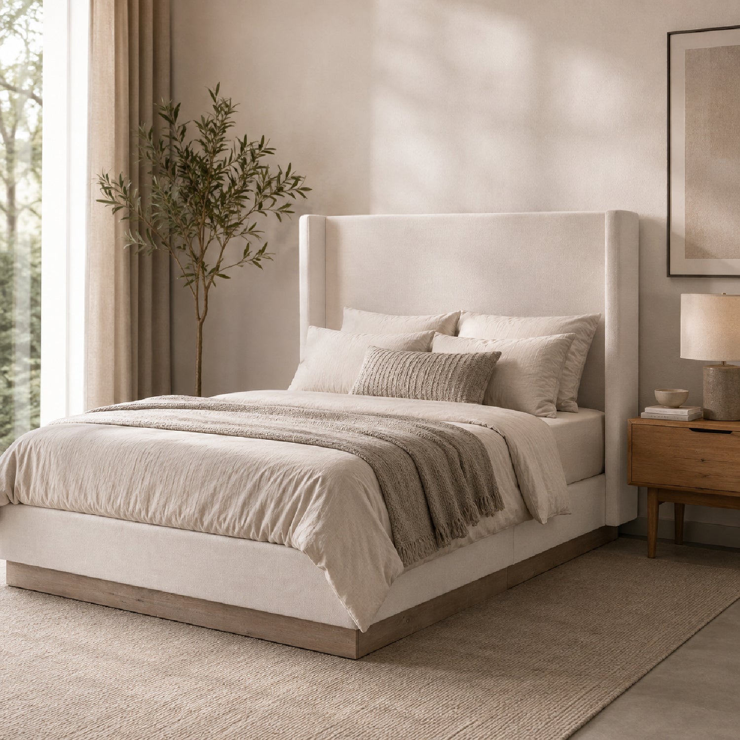 Luxury Upholstered Modern Ivory Wingback Bed European Style for Villa
