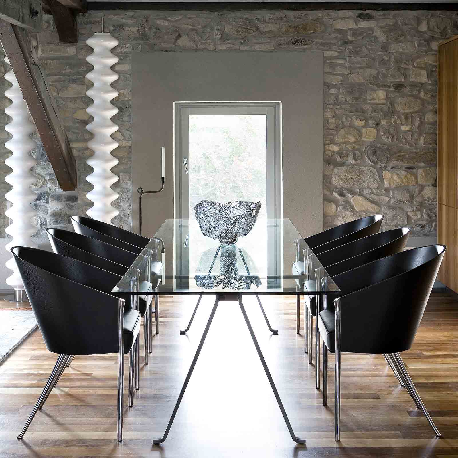 Frate Rectangular Dining Table – Tempered Glass and Steel – Architectural Piece
