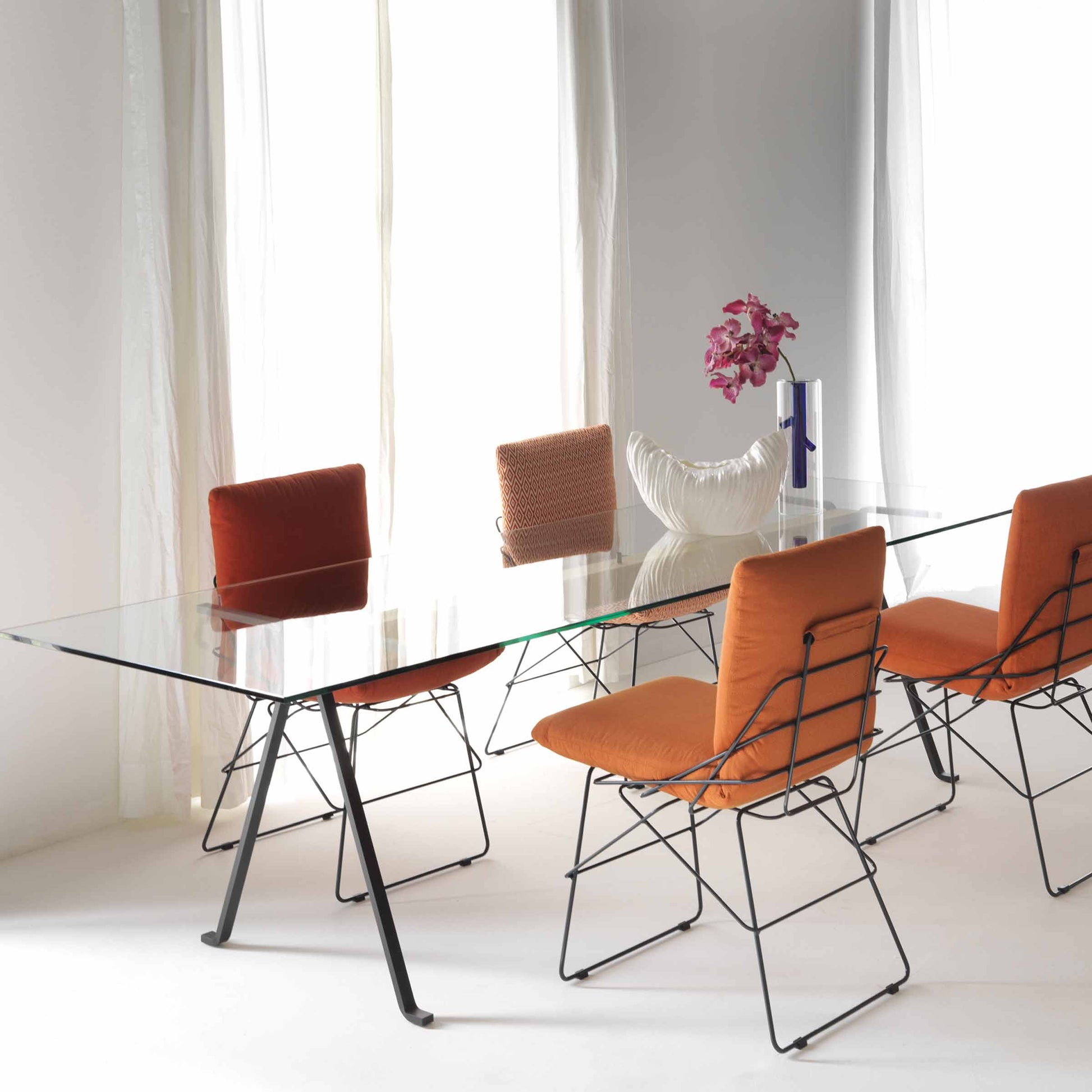 Frate Rectangular Dining Table – Tempered Glass and Steel – Architectural Piece