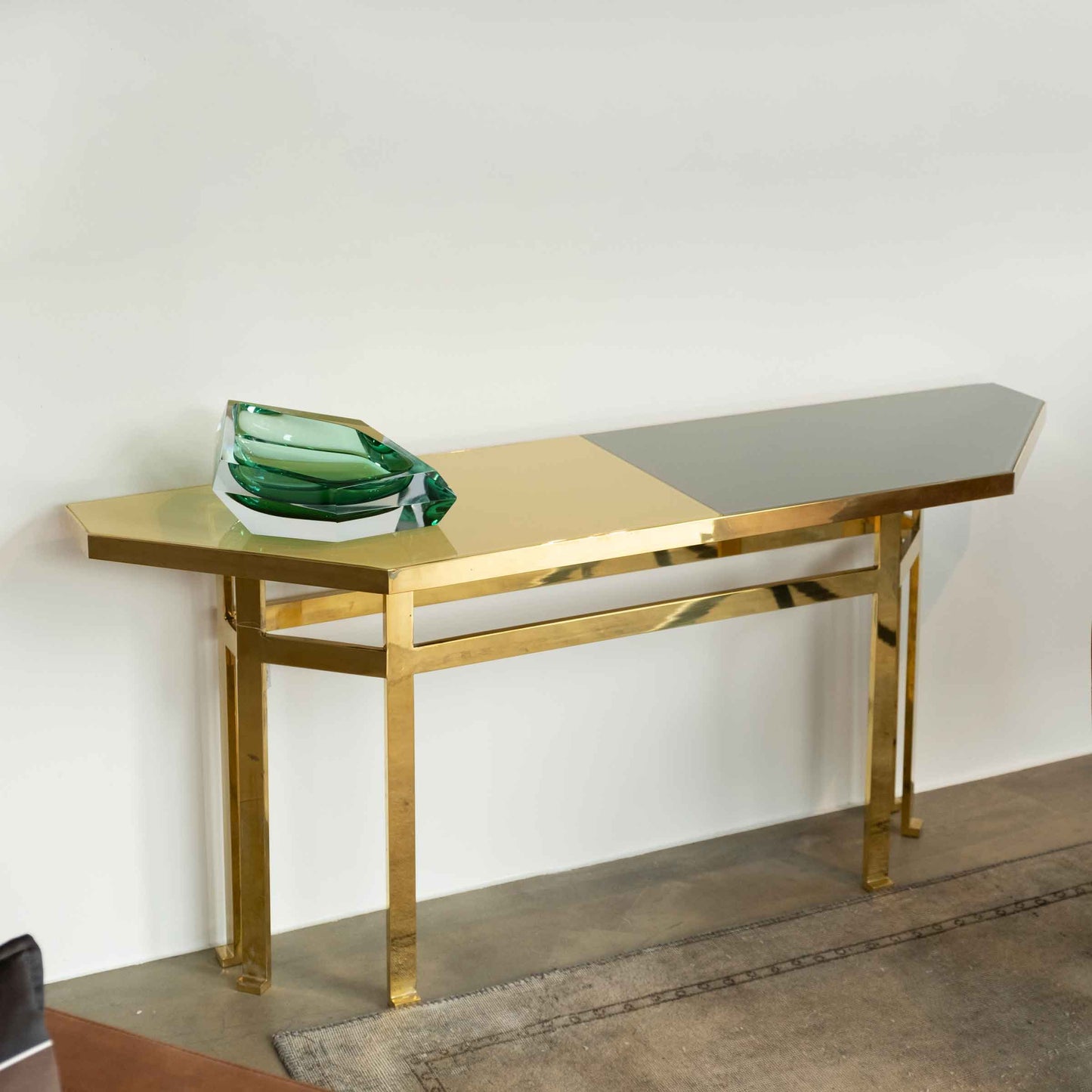 Holo Console Table by Purho – Italian Designer Brass and Glass Piece