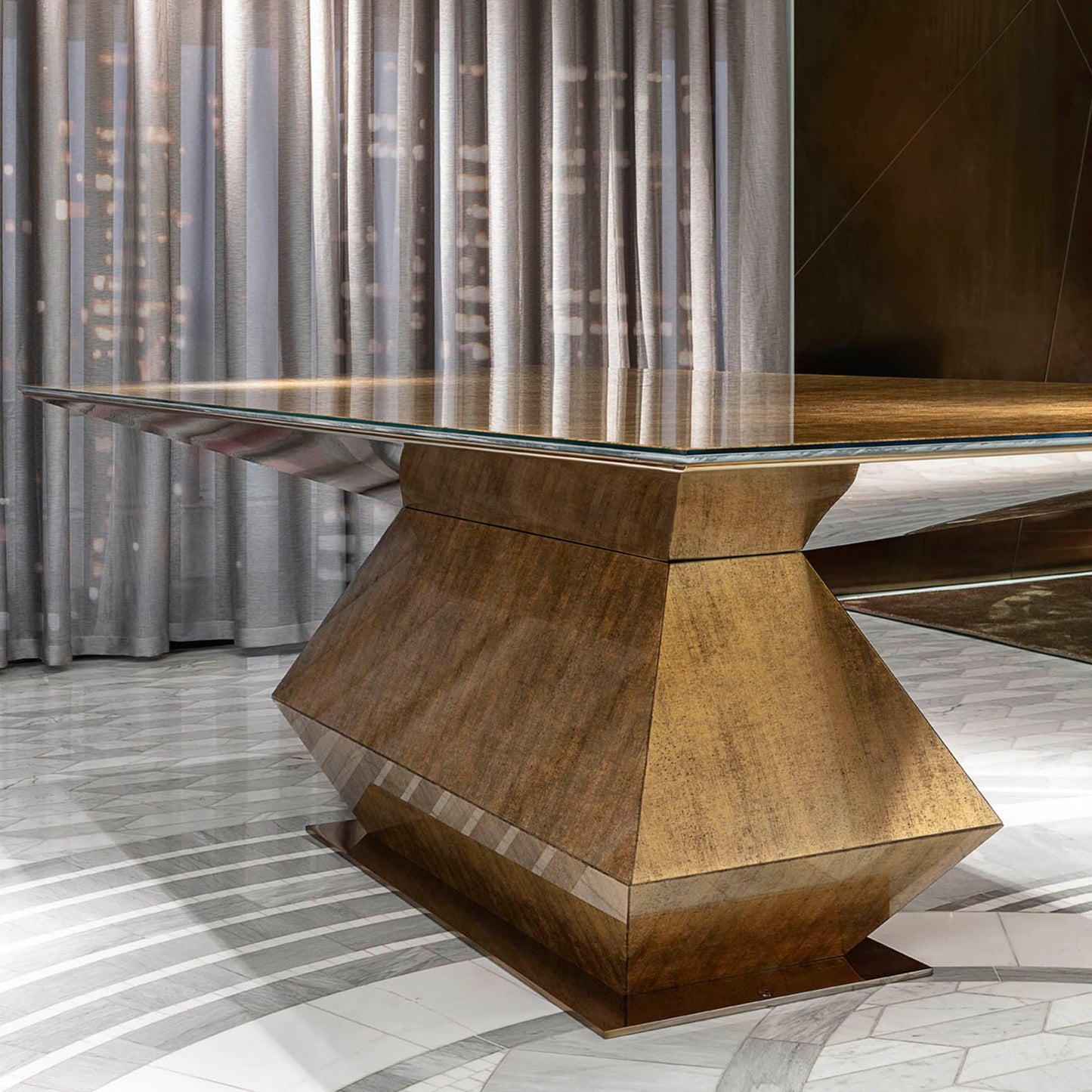 Sculptural Dining Table 106in – Gold Parchment Vetrite Glass Statement Piece