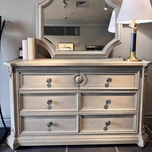 French Carved 6-Drawer Dresser 59" – Solid Birch Wood Storage Cabinet