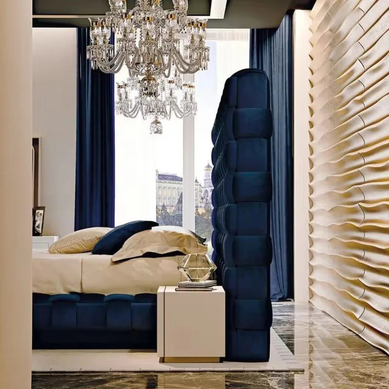 Upholstered Bed – Woven Soft Bag Headboard in Blue Velvet Italian